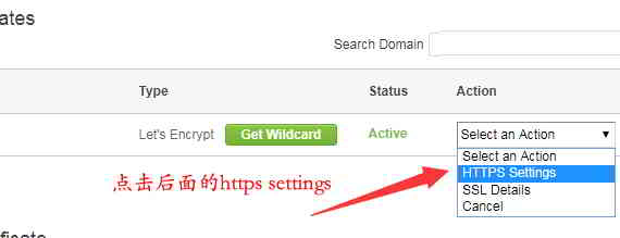 SiteGround安装SSL安全证书：在“Action”里，选择“HTTPS Settings”
